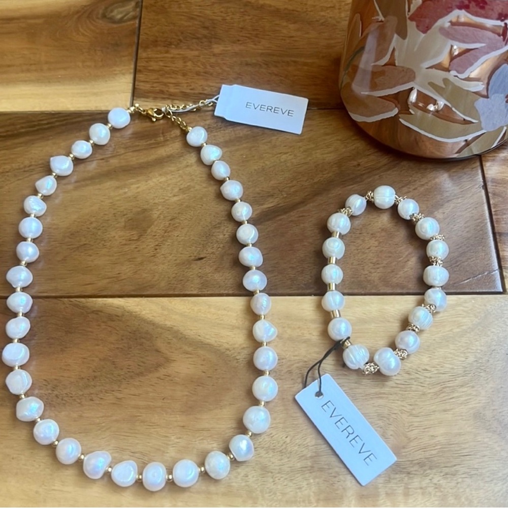 Sahara Jewelry Design Evereve Pearl & Gold Necklace & Bracelet Jewelry Set NWT